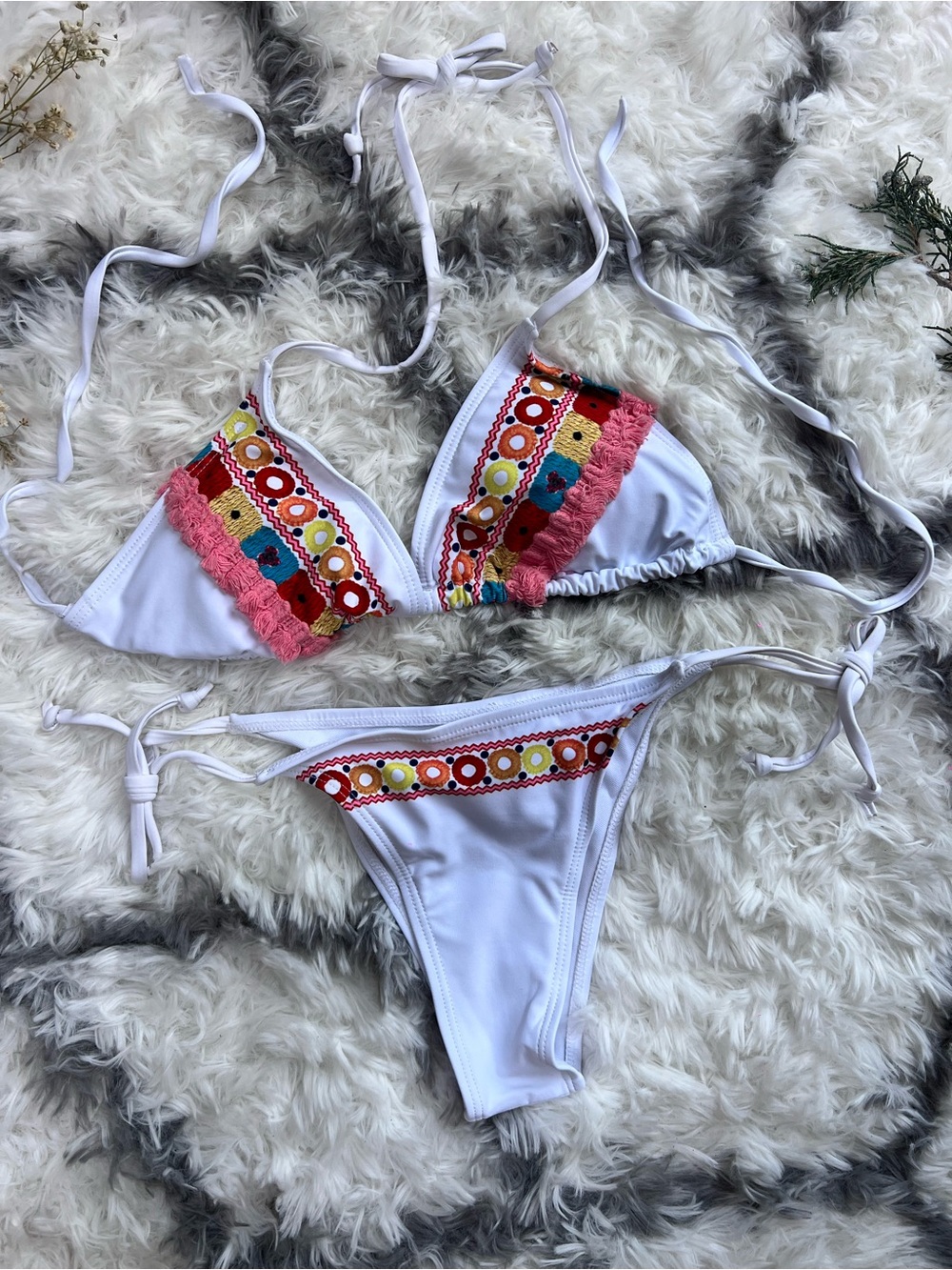 SHEIN White Bikini Set with Pink Trim and Multicolor Embroidery